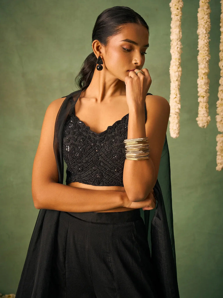 Glamorous Black Chinon Party Wear Crop Top Palazzo With Shrug