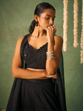 Glamorous Black Chinon Party Wear Crop Top Palazzo With Shrug