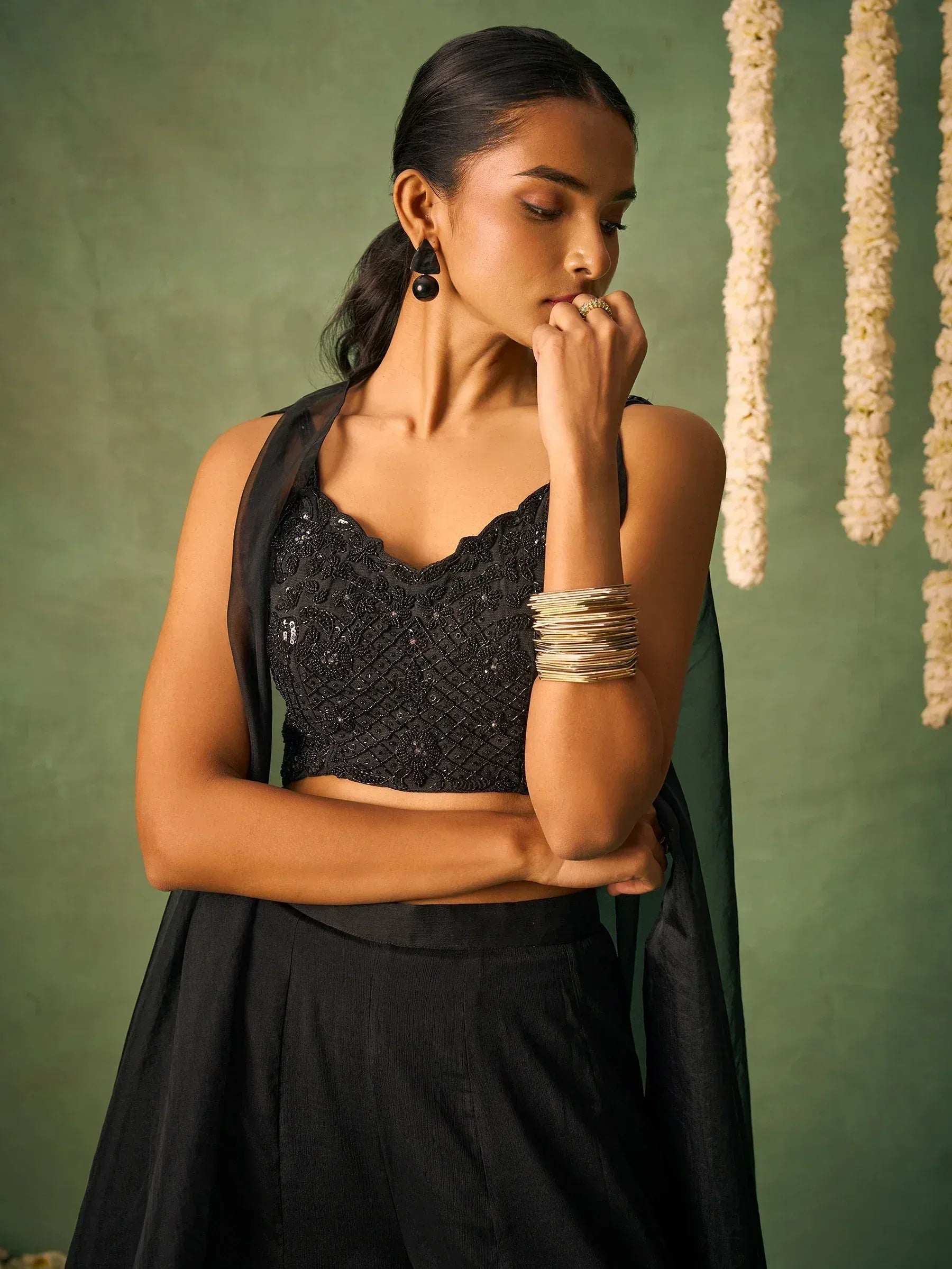 Glamorous Black Chinon Party Wear Crop Top Palazzo With Shrug