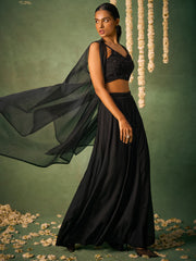 Glamorous Black Chinon Party Wear Crop Top Palazzo With Shrug