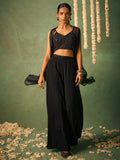 Glamorous Black Chinon Party Wear Crop Top Palazzo With Shrug