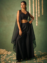 Glamorous Black Chinon Party Wear Crop Top Palazzo With Shrug