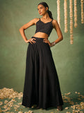 Glamorous Black Chinon Party Wear Crop Top Palazzo With Shrug