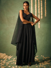 Glamorous Black Chinon Party Wear Crop Top Palazzo With Shrug
