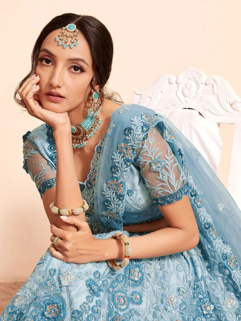 Stunning Sky-Blue Sequins Net Bridesmaid Lehenga Choli With Dupatta