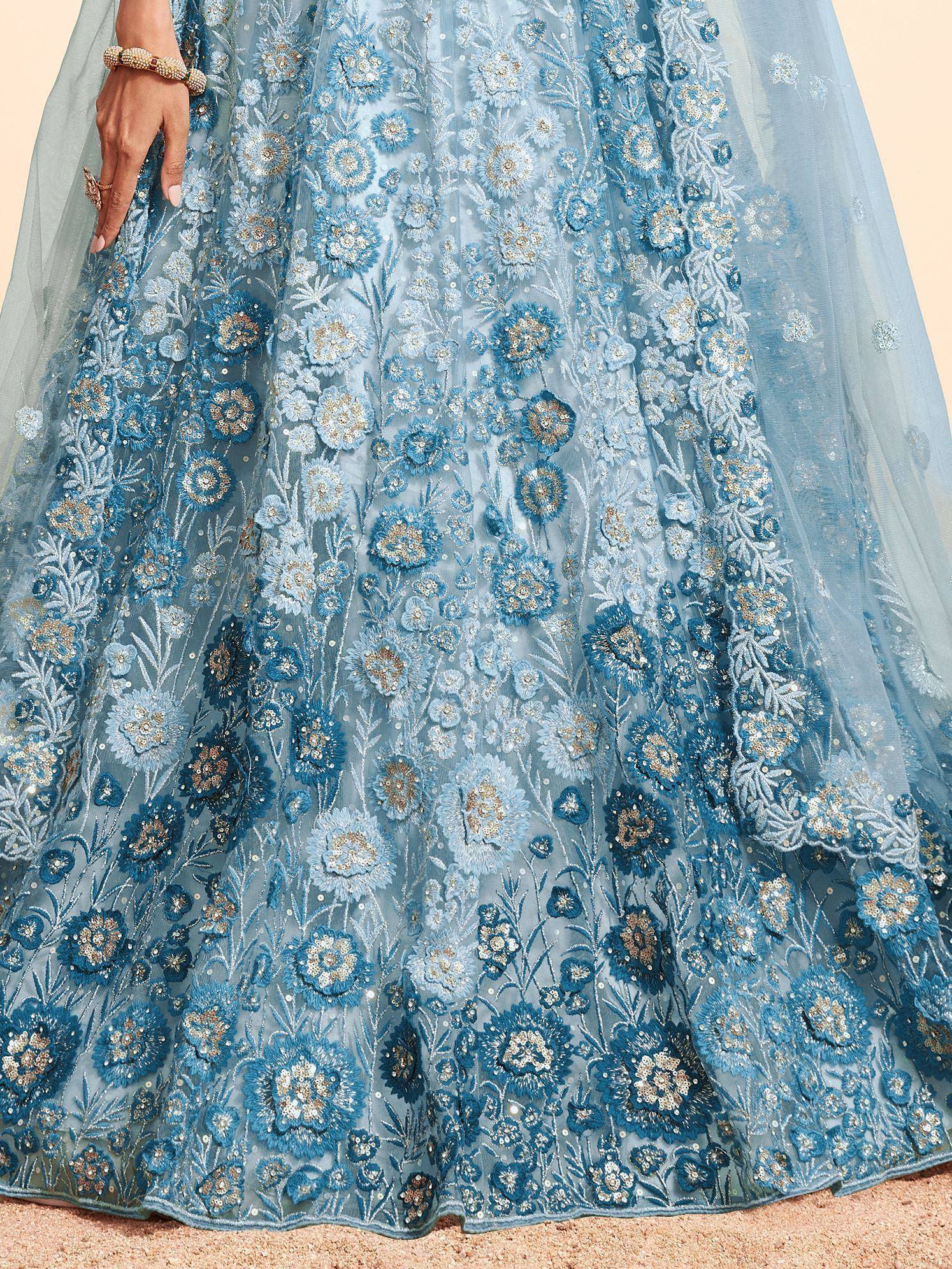 Blue floral embroidered lehenga with intricate gold detailing, perfect for Indian ethnic wear events