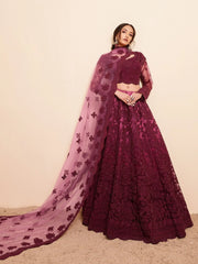 Magnetic Magenta Thread Work Net Designer Lehenga Choli With Dupatta