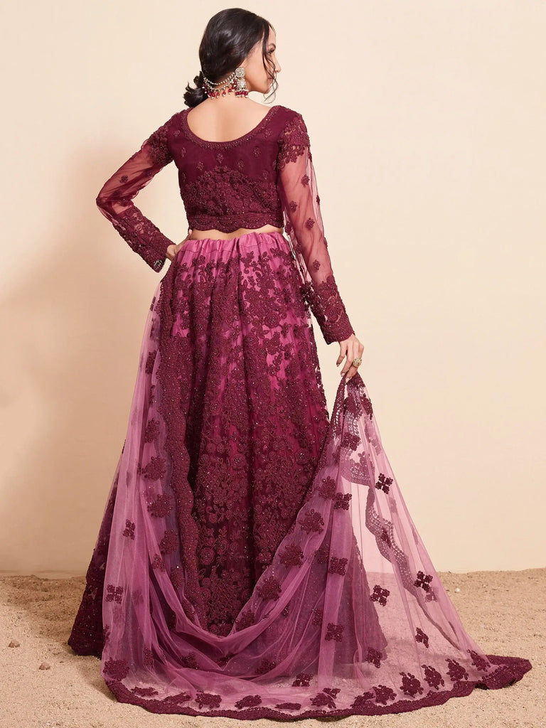 Magnetic Magenta Thread Work Net Designer Lehenga Choli With Dupatta
