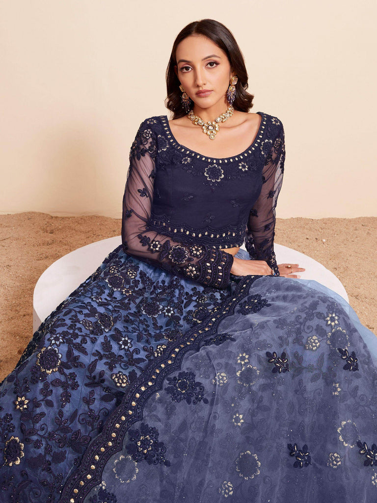 Gorgeous Navy Blue Embroidered  Net Engagement Wear Lehenga Choli