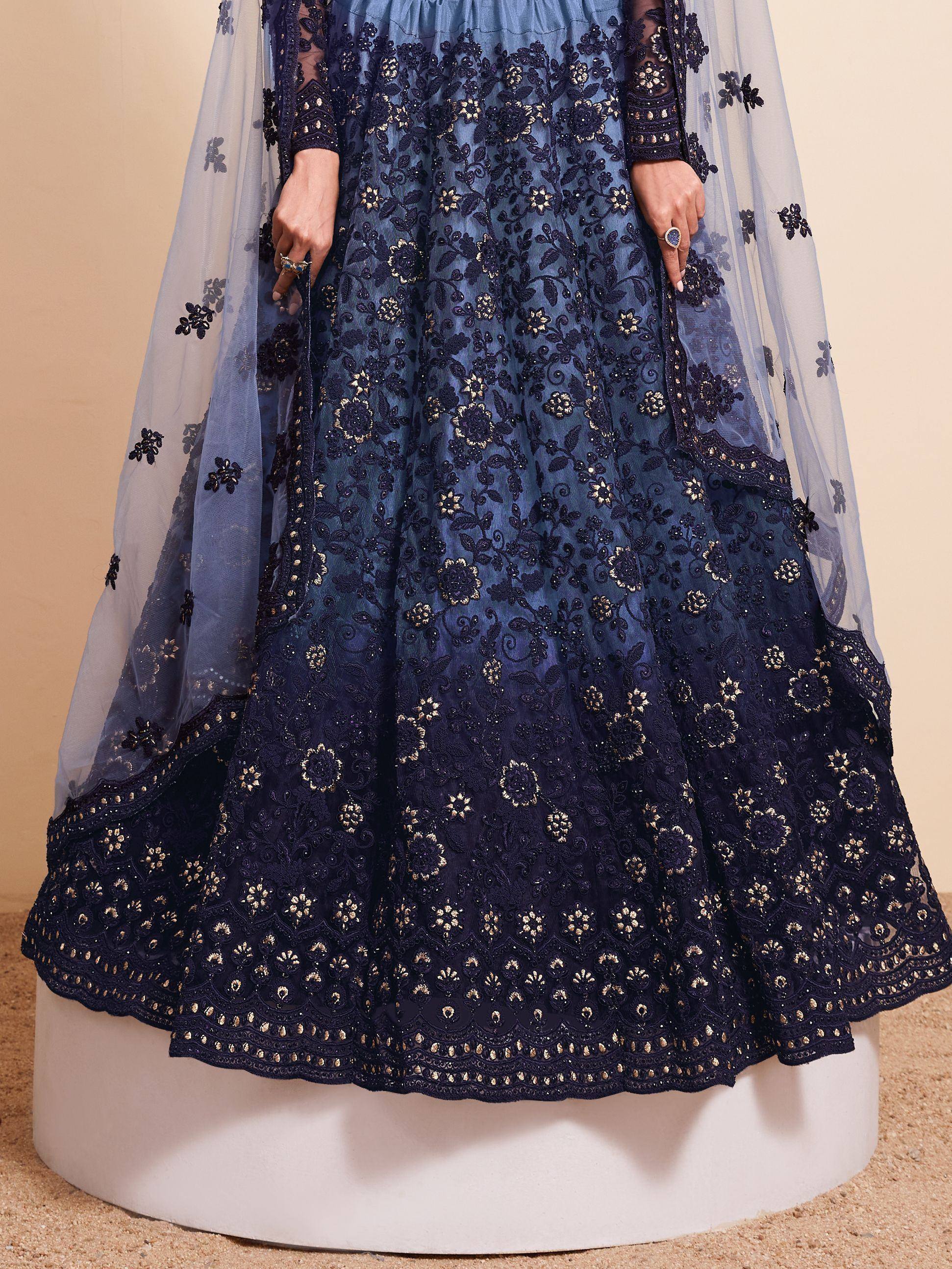 Navy blue designer lehenga choli with gold floral embroidery and sheer dupatta, Indian ethnic wear