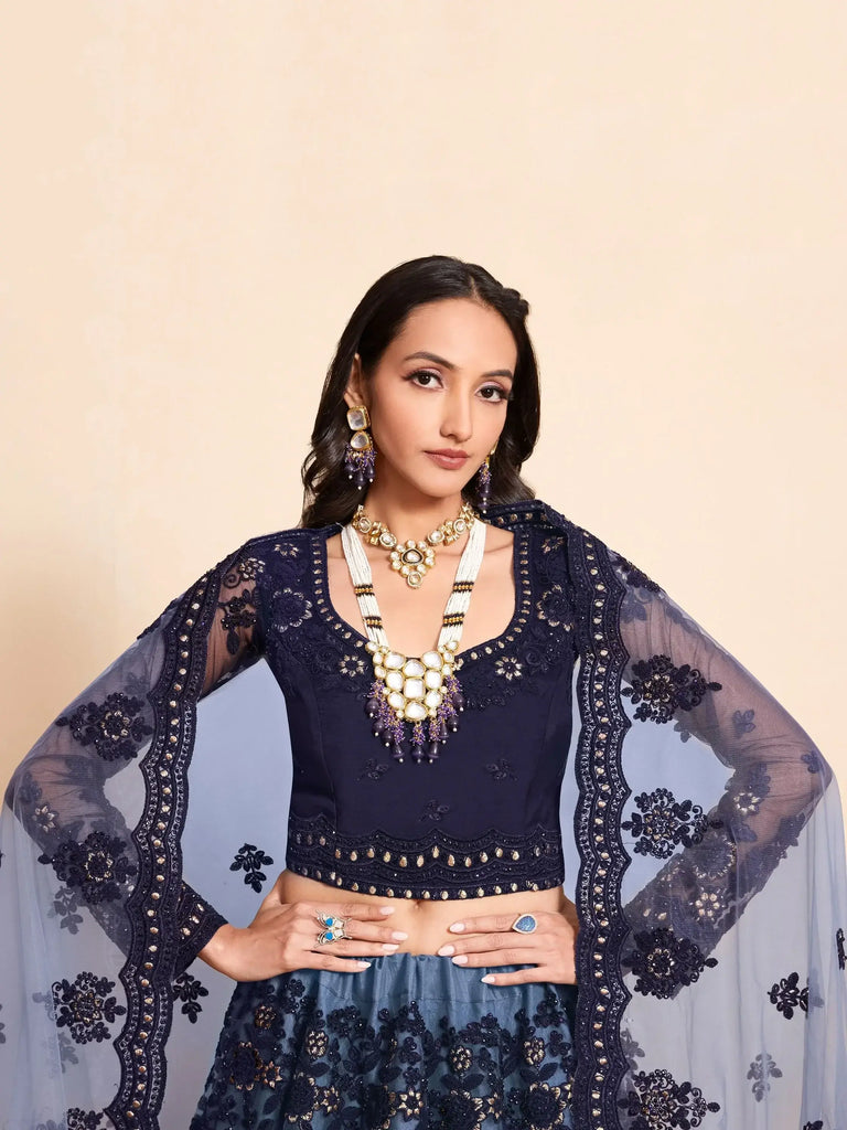Gorgeous Navy Blue Embroidered  Net Engagement Wear Lehenga Choli
