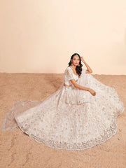 Beautiful Off-White Thread Work Net Wedding Lehenga Choli Wih Dupatta