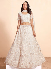 Beautiful Off-White Thread Work Net Wedding Lehenga Choli Wih Dupatta