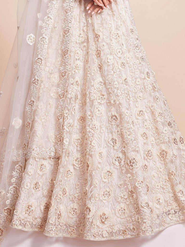 Beautiful Off-White Thread Work Net Wedding Lehenga Choli Wih Dupatta