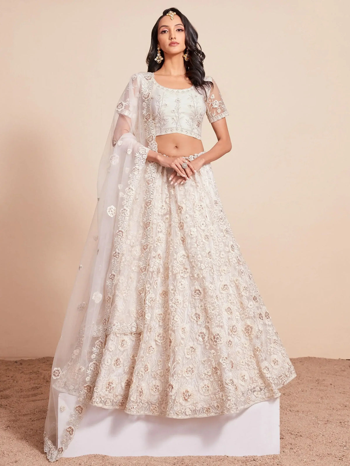 Beautiful Off-White Thread Work Net Wedding Lehenga Choli Wih Dupatta