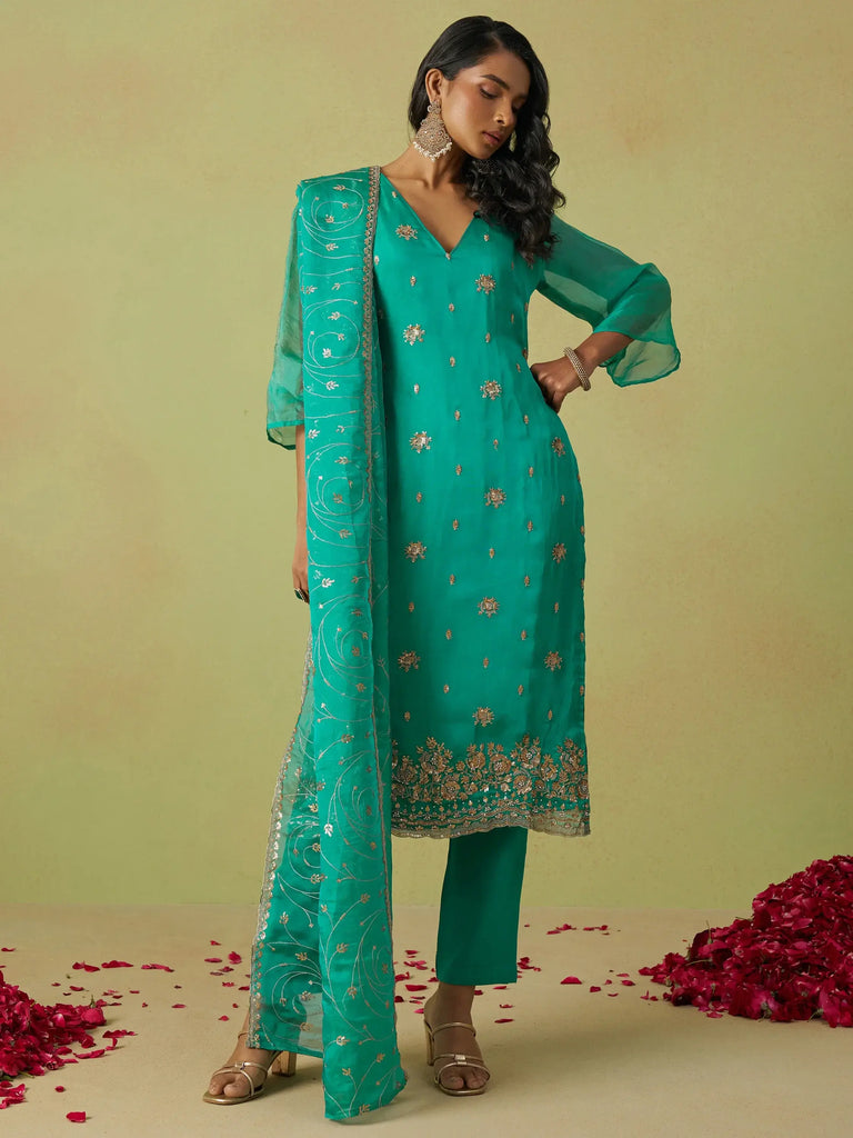Fascinating Teal Green Sequins Organza Festival Wear Pant Suit