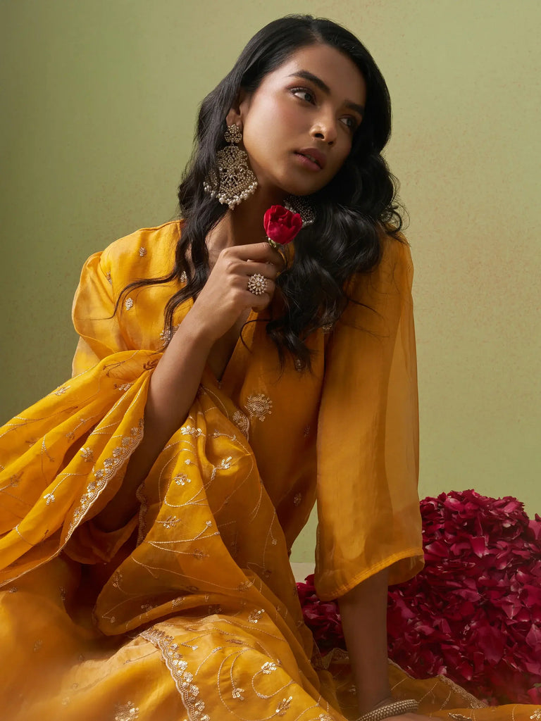 Mesmerizing Yellow Sequins Organza Haldi Wear Pant Suit With Dupatta