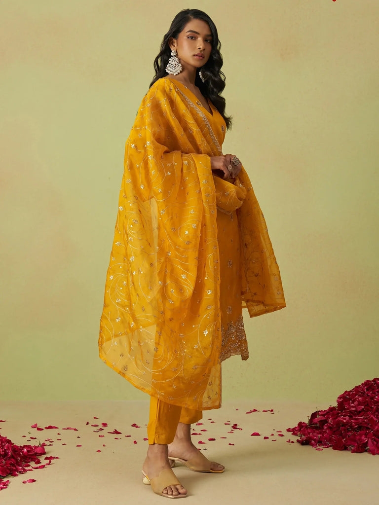 Mesmerizing Yellow Sequins Organza Haldi Wear Pant Suit With Dupatta