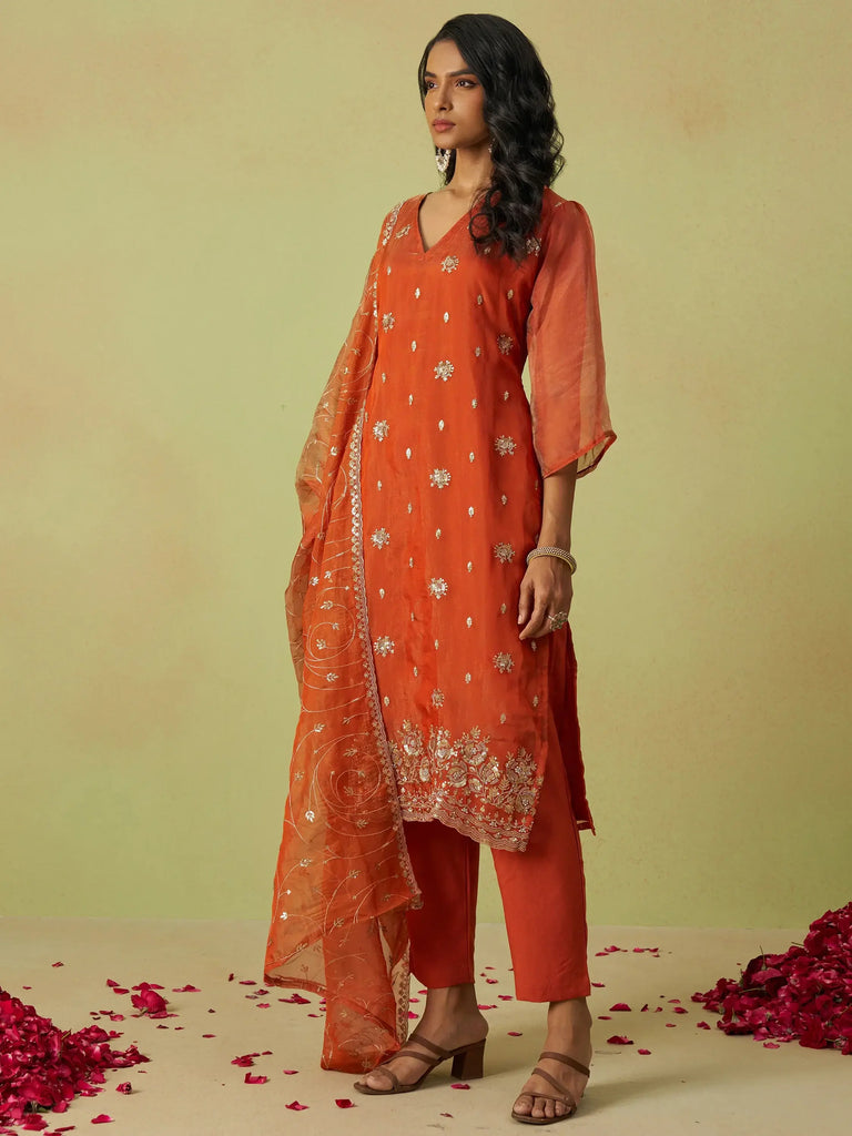 Bewitching Orange Sequins Organza Event Wear Pant Suit With Dupatta