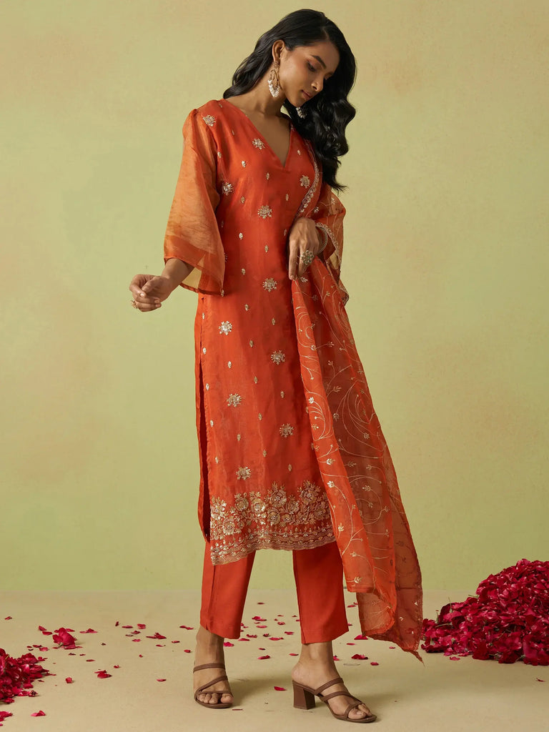 Bewitching Orange Sequins Organza Event Wear Pant Suit With Dupatta