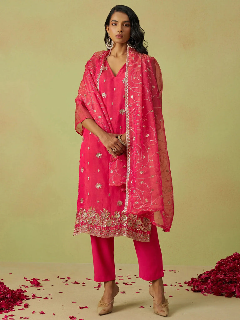 Beautiful Pink Sequins Organza Traditional Pant Suit With Dupatta
