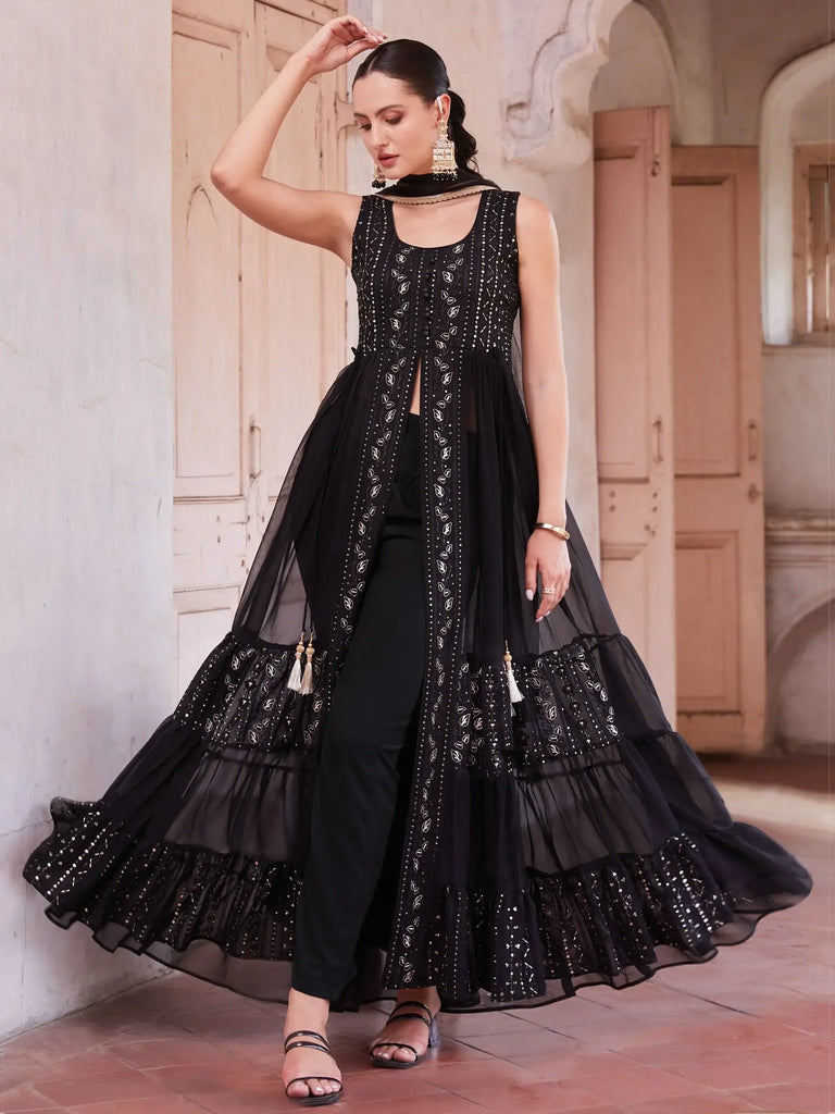 Bewitching Black Sequins Georgette Front Slit Cut Kurti With Pant