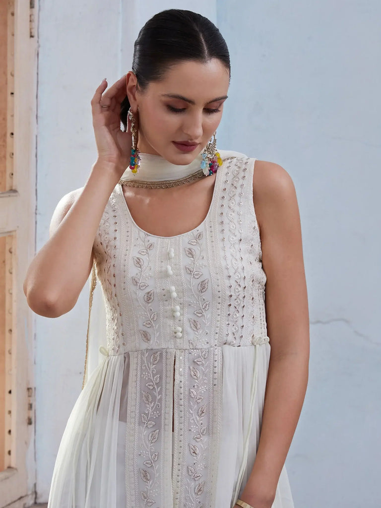 Lovely White Sequins Georgette Traditional Front Slit Cut Kurti With Pant