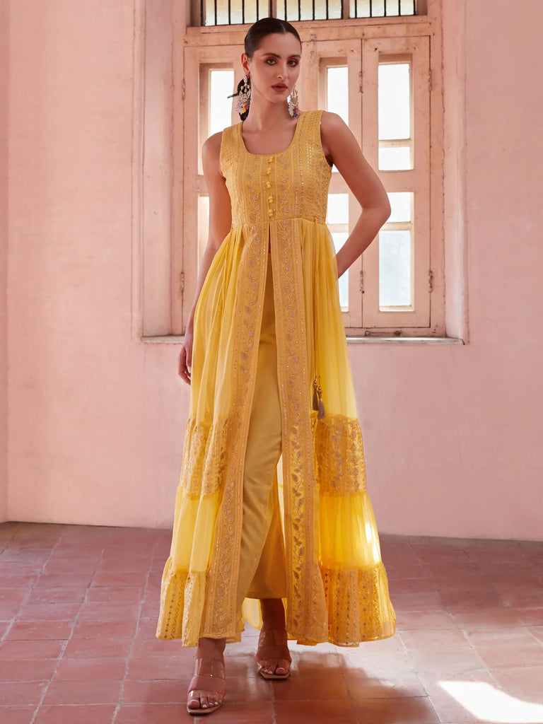 Fantastic Yellow Sequins Georgette Haldi Wear Kurti With Pant