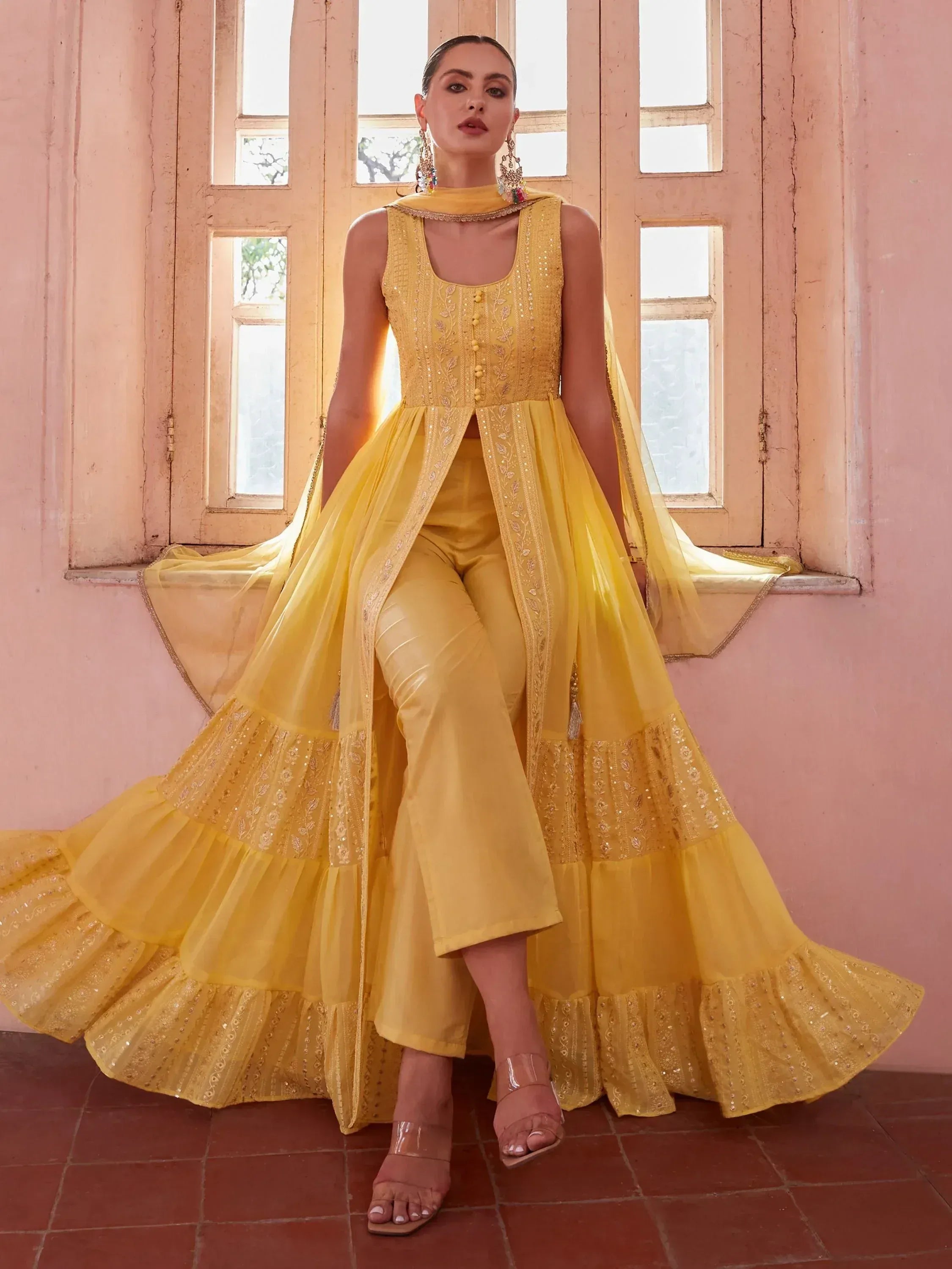 Yellow embroidered ethnic gown with palazzo pants and dupatta, perfect for Indian festive occasions