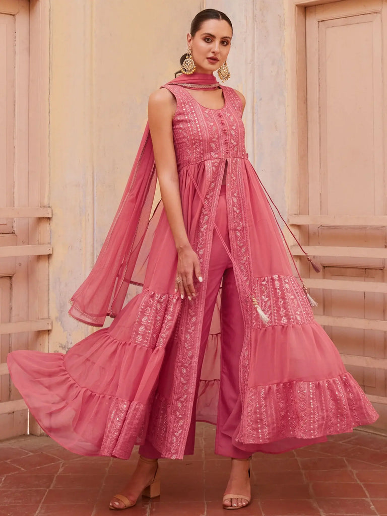 Incredible Pink Embroidered Georgette Designer Kurti With Pant