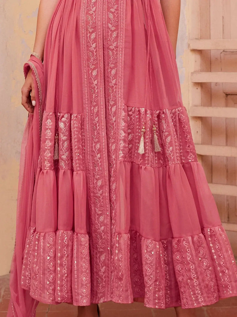 Incredible Pink Embroidered Georgette Designer Kurti With Pant