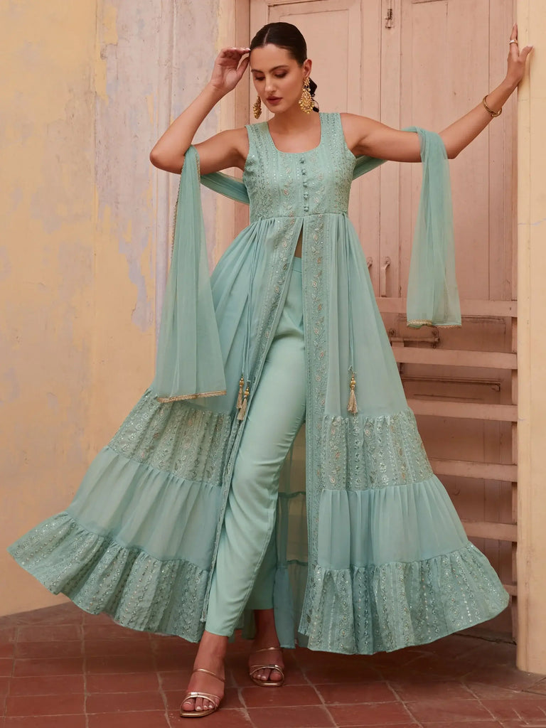 Wonderful Firozi Embroidered Georgette Function Wear Kurti With Pant