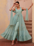 Wonderful Firozi Embroidered Georgette Function Wear Kurti With Pant