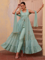 Wonderful Firozi Embroidered Georgette Function Wear Kurti With Pant