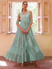 Wonderful Firozi Embroidered Georgette Function Wear Kurti With Pant