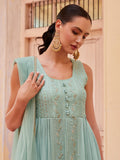 Wonderful Firozi Embroidered Georgette Function Wear Kurti With Pant