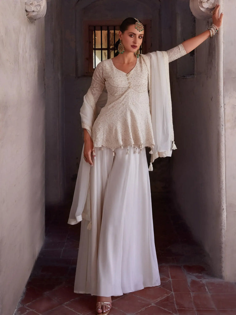 Spectacular Off-White Sequins Georgette Peplum Top With Palazzo