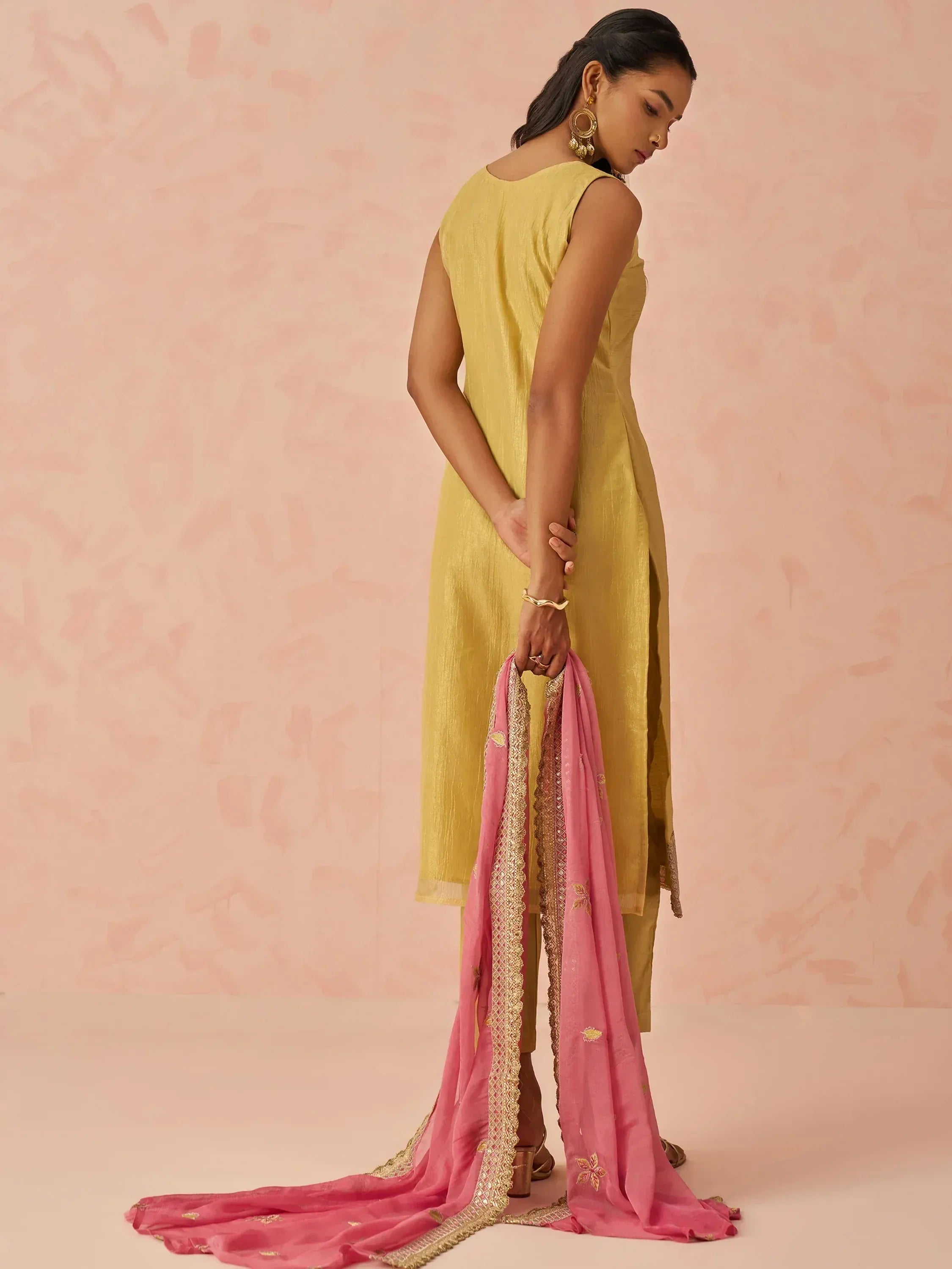 Yellow sleeveless kurta with pink embroidered dupatta, ethnic wear for women