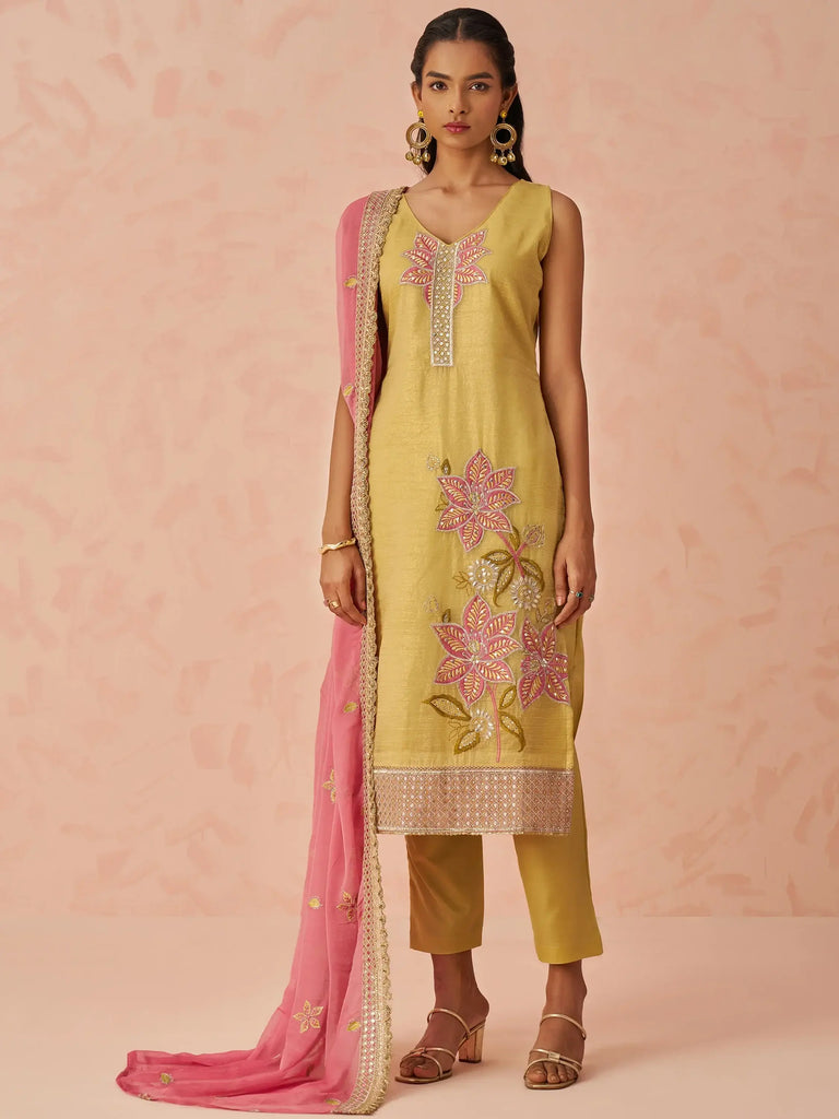 Dazzling Yellow Thread Embroidery Silk Haldi Wear Pant Suit
