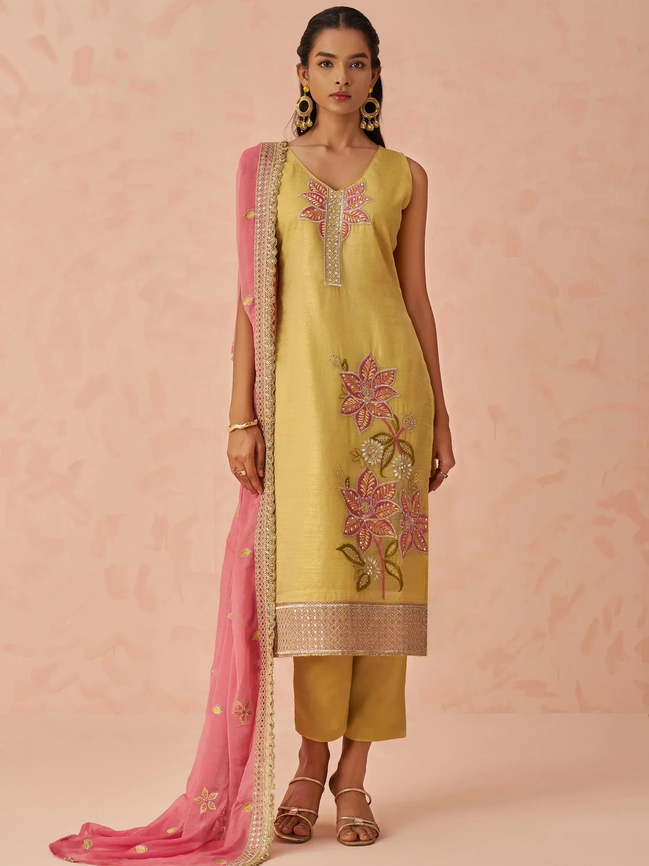 Yellow embroidered kurta with pink dupatta, ethnic wear for women