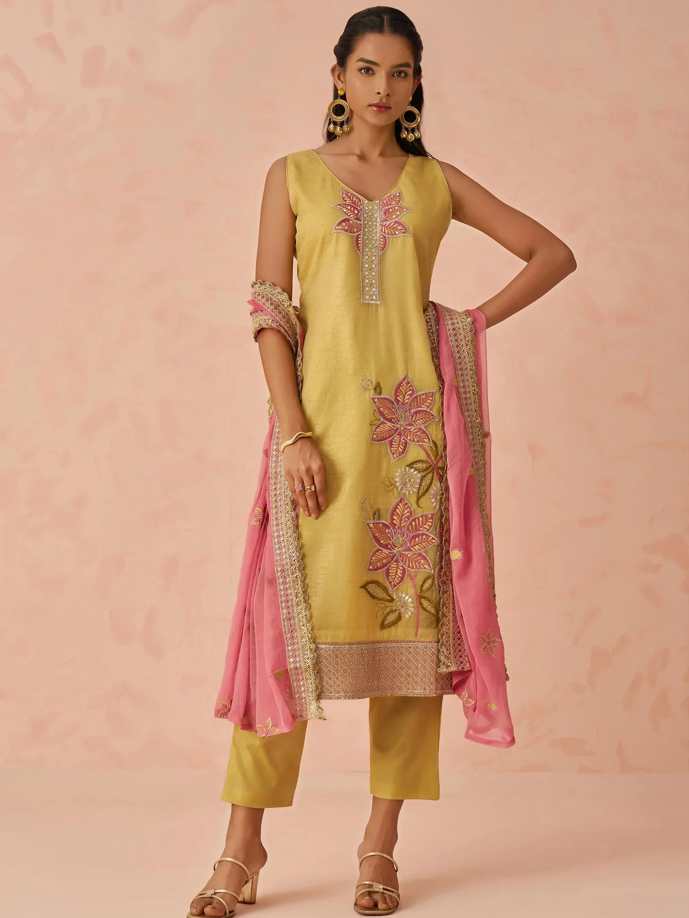 Yellow embroidered salwar kameez with pink dupatta, floral design, ethnic wear for women