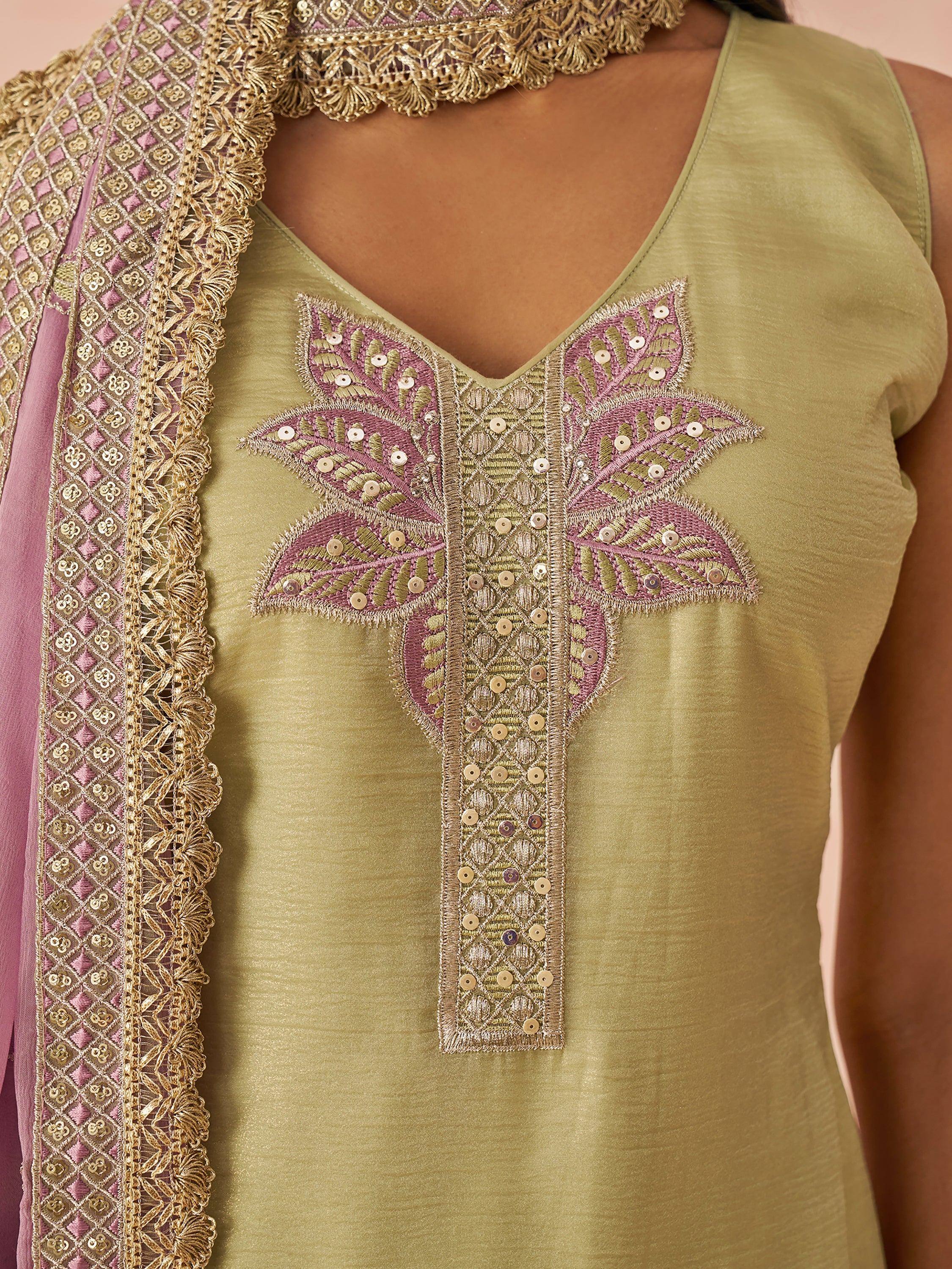 Olive green ethnic kurti with pink gold leaf embroidery and sequins, paired with matching dupatta