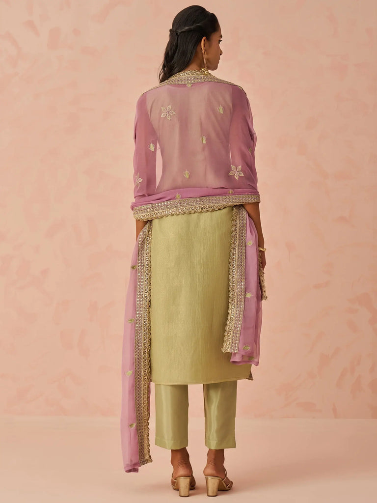 Stunning Pista Green Floral Embroidered Silk Festive Wear Pant Suit