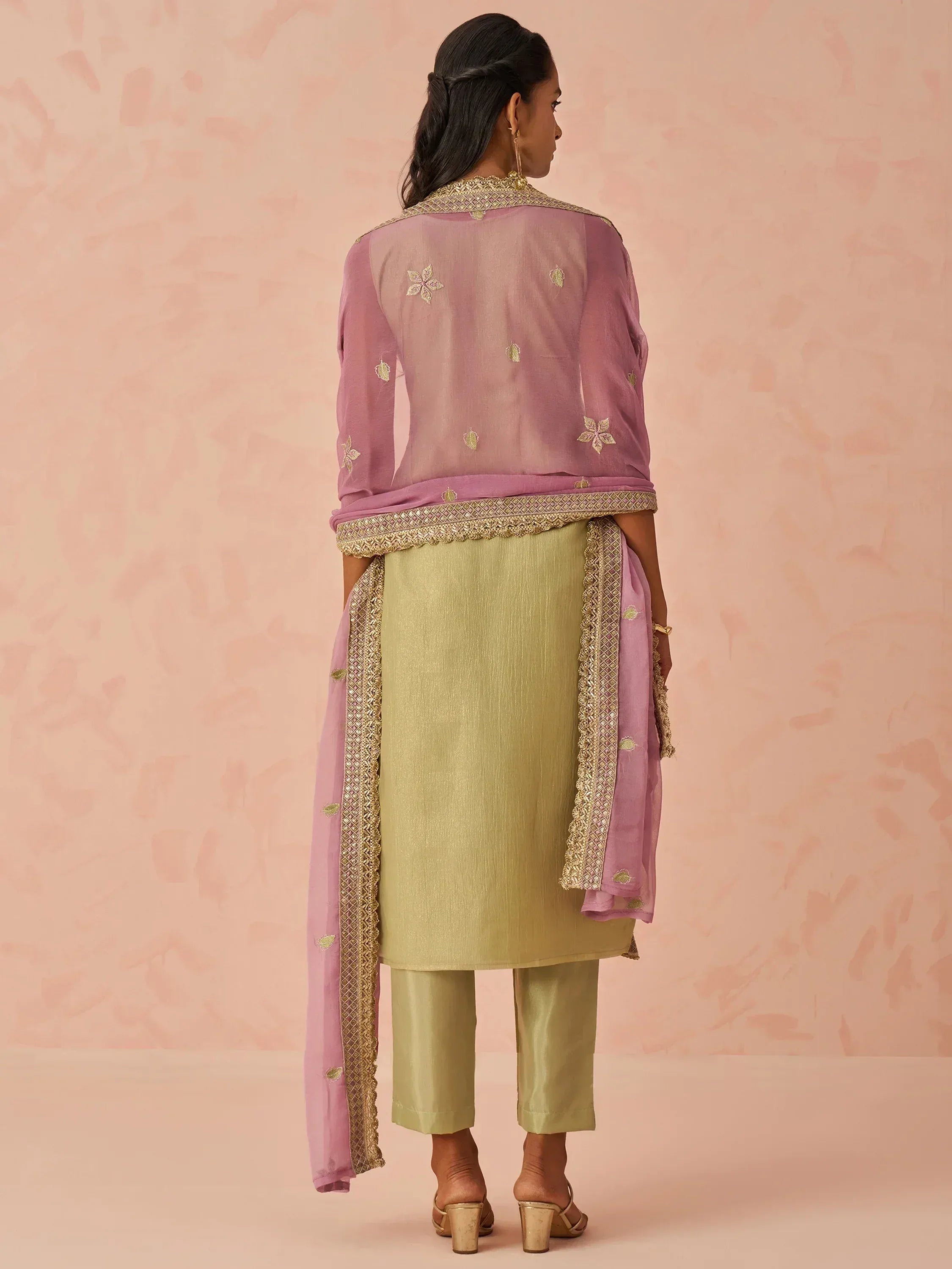 Pink and gold embroidered salwar kameez with sheer dupatta, ethnic Indian wear for women