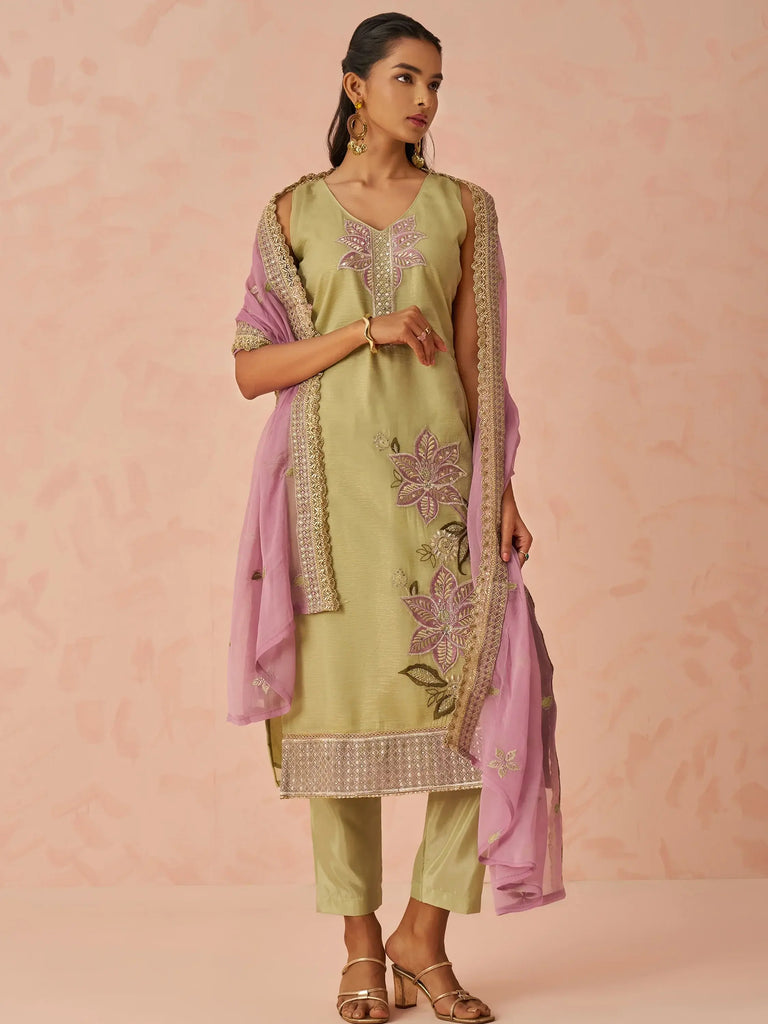 Stunning Pista Green Floral Embroidered Silk Festive Wear Pant Suit