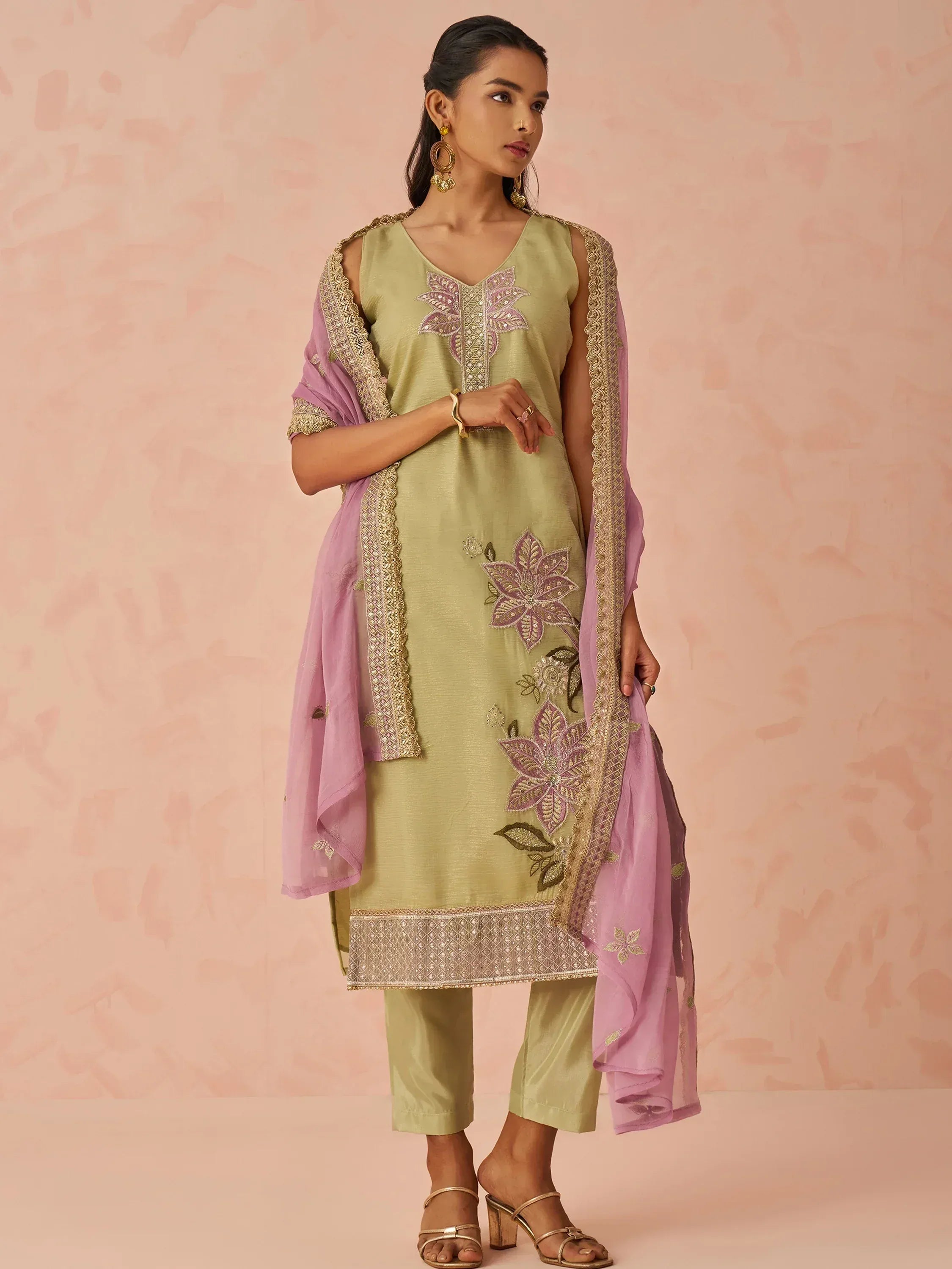 Olive green embroidered kurti with pink dupatta, ethnic wear for women