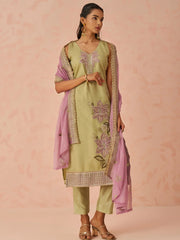 Stunning Pista Green Floral Embroidered Silk Festive Wear Pant Suit
