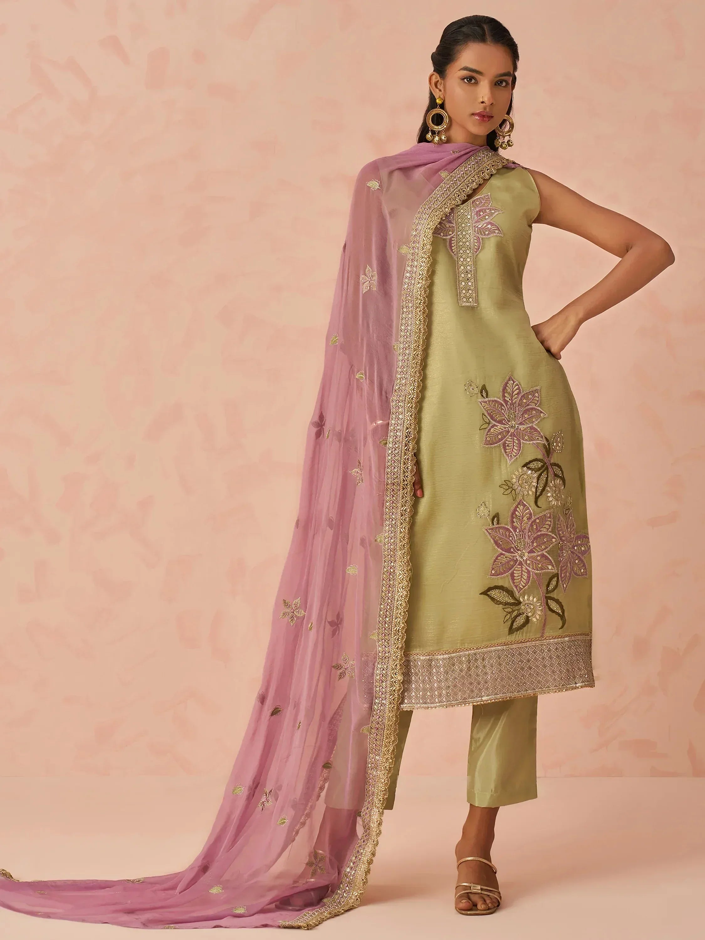 Olive green embroidered kurta with pink dupatta, Indian ethnic wear for women