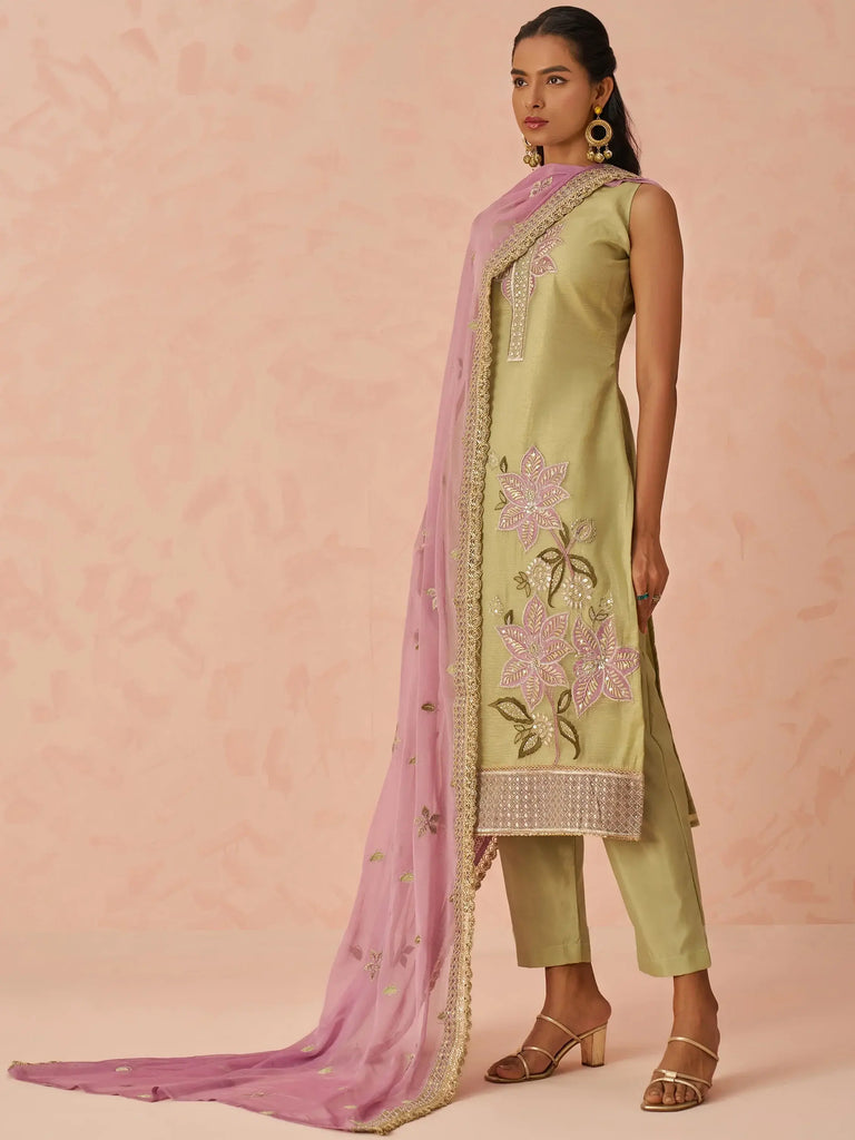 Stunning Pista Green Floral Embroidered Silk Festive Wear Pant Suit