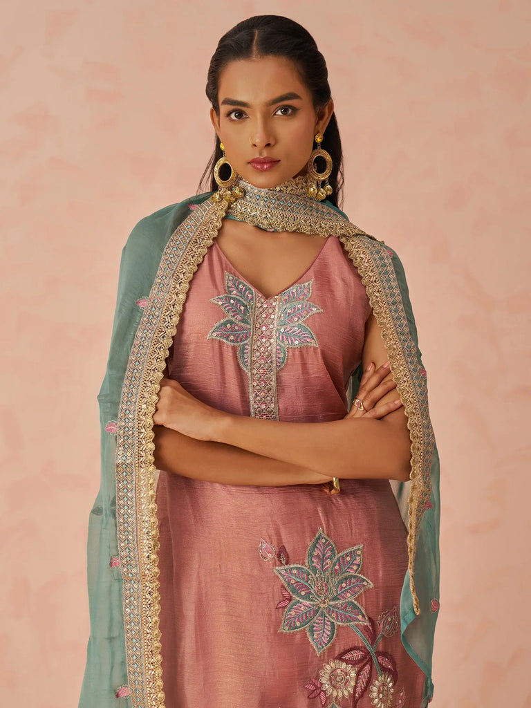 Aesthetic Peach Sequins Work Silk Event Wear Pant Suit With Dupatta